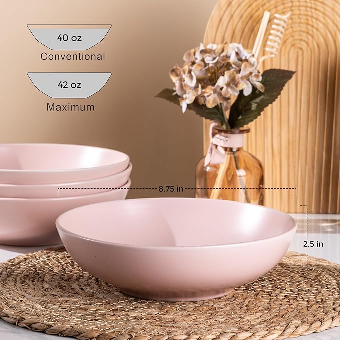 AmorArc 8.75‘’ Large Pasta Bowls, 42 ounce Deep Stoneware Bowls Set of 4 for Kitchen, Wide Bowl for Pasta/Salad/Fruit/Oatmeal/Soup, Microwave&Dishwasher Safe-Matte Pink