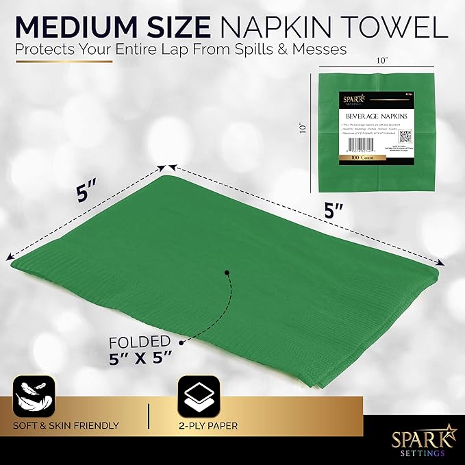 100 Pack Green Beverage Napkins, Big Party Pack, 2 Ply, Ideal for Wedding, Party, Birthday, Dinner, Lunch, Cocktails. (5” x 5”) by Amcrate
