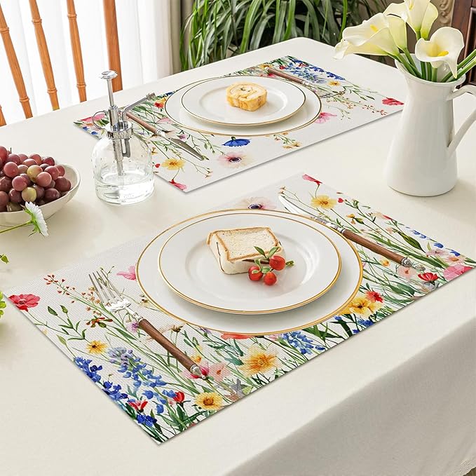 AOFOTO Floral Placemats Set of 4 Colorful Wild Flower Plants Printed Place Mats Artistic Rectangular Modern Table Mats for Home Kitchen Restaurant Party Dining Table Decor 12x18 Inch