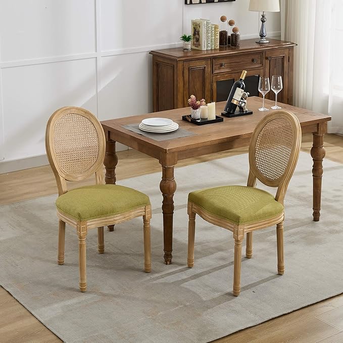 Vintage French Rattan Dining Chairs Set of 8, Round Back Accent Chairs with Rattan Backrest and Upholstered Linen Seat, Solid Frame Wood Sillas de Comedor for Dining Room & Kitchen, Olive Green