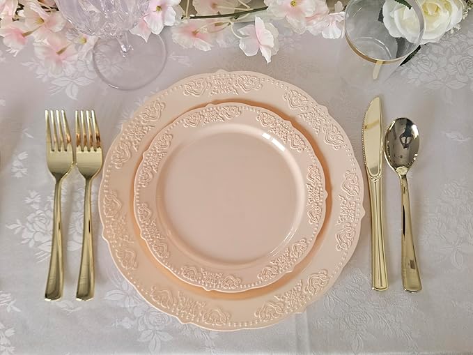 " OCCASIONS " 50 Plates Pack (25 Guests) Vintage Wedding Party Disposable Plastic Plate Set -25x10.25'' Dinner +25x7.5'' Salad/Dessert plates (Portofino in Blush/Antique Rose)