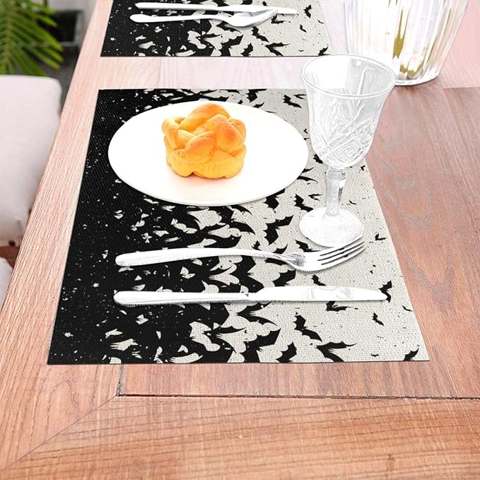 Halloween Placemats 12x18 Inches Set of 4,Black Bat Decorative Autumn Halloween Decoration Rectangle Black Linen Table Mats for Party Home Kitchen Dining Table Decoration