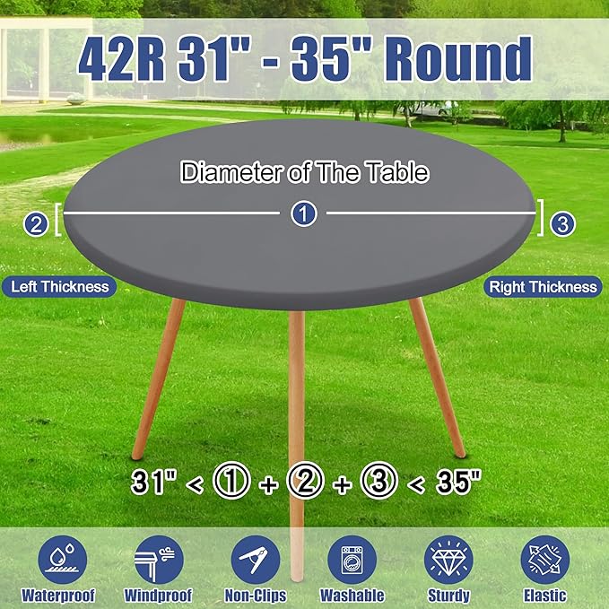 Round Spandex Tablecloth 2 Pack, Elastic Fitted Waterproof Tablecloths for 31"-35" Tables, Stretch Washable Picnic Table Cover for Camping, Dining, Indoor and Outdoor, Grey