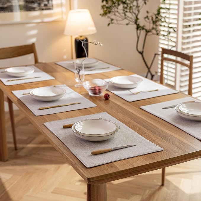 Demetex Gray Placemats Set of 6 Linen Heat Resistant Plate Mats Washable Place Mats for Buffet Dinner Party Decorations, 13 x 19 inches, Light Grey
