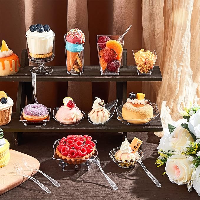 Tessco for you 1600 Pcs Mini Appetizer Plates Dessert Cups with Spoons Forks Set Assorted Shape Plastic Parfait Cups Dessert Plates Container Bowls with Disposable Spoon Fork for Party (Clear)
