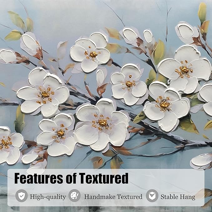 Anolyfi White Textured Flowers Wall Art for Living Room Canvas Wall Decor, Modern Elegant Landscape Wall Art for Dining Room Hallway Office Home 48"x24"