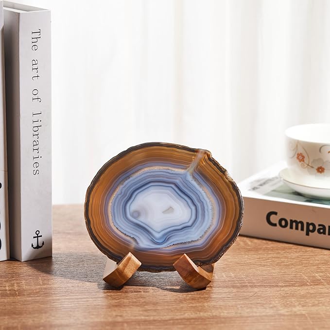 Luxury Lane Large Natural Brazilian Agate Slice Geode Rock Stone Drink Coaster with Wood Holder 4.7-5.5 inch Centerpiece Table Decoration, Oak Brown