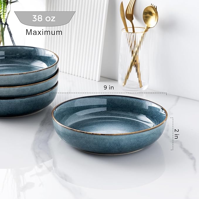 GBHOME 8.75'' Large Ceramic Pasta Bowls, 38oz Stoneware Pasta Serving Bowls Set of 4 for Kitchen, Wide Bowls for Fruit,Pasta,Salad,Oatmeal,Meal, Microwave Safe, Reactive Glaze-Space Blue
