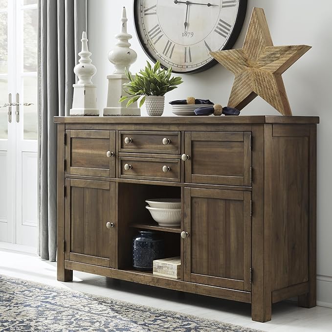 Signature Design by Ashley Moriville Vintage Casual Dining Room Buffet or Server with 4 Cabinets & Center Display Shelf, 2 Drawers, Wood, 56" Wide, Brown