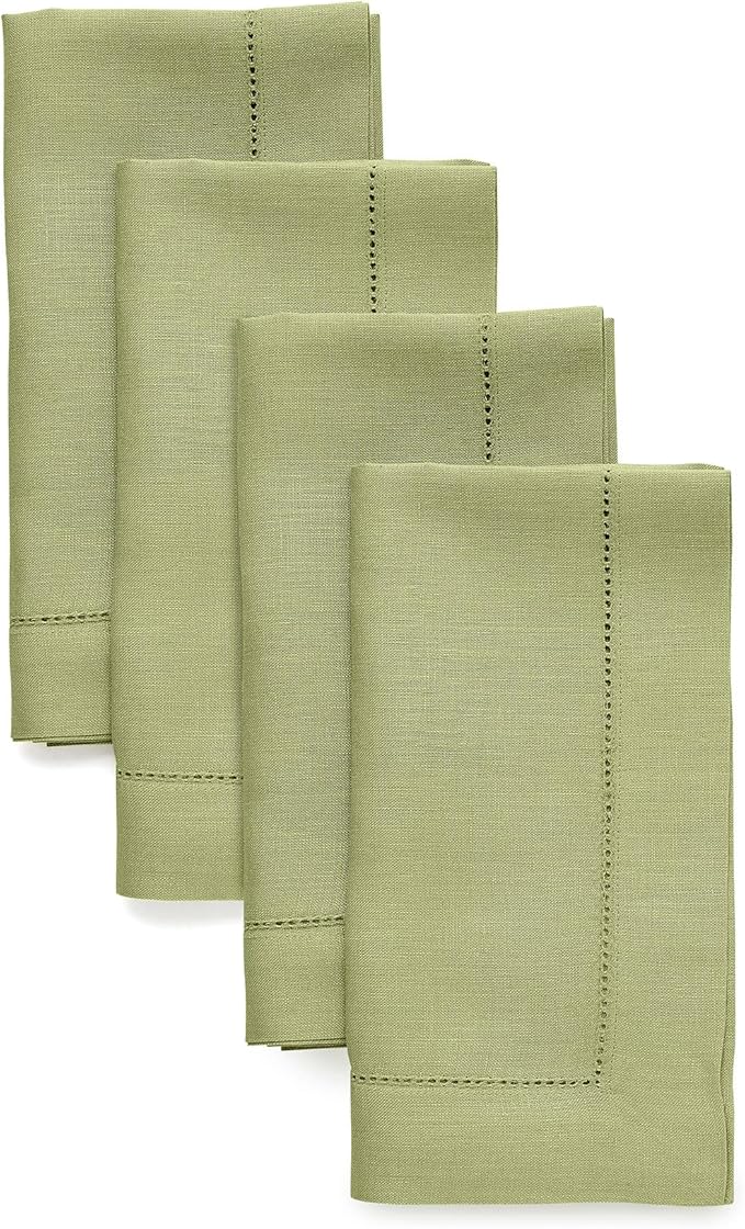 Solino Home Linen Napkins Set of 4 - Classic Hemstitch 100% Pure Linen Moss Green Dinner Napkins Cloth 20 x 20 Inch for Winter, Spring, Easter, St Patricks Day - Handcrafted and Machine Washable