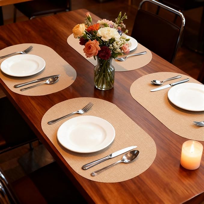 Oval Placemats for Dining Table Set of 6, Washable Leather Table Mats, Waterproof Heat-Resistant Non-Slip Kitchen Placemats, Simple Style Oval Design