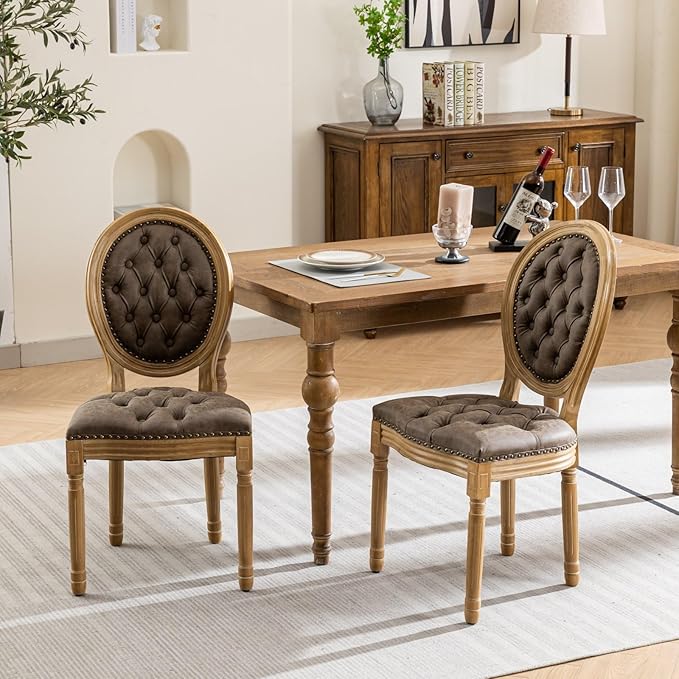 Ball & Cast French Vintage Upholstered Dining Chairs Set of 2, Button Tufted Kitchen Side-Chairs with Carved Antique Wood Frame & Nailhead Trims, PU-Leather Curved Backrest Louis Chair, PU Brown