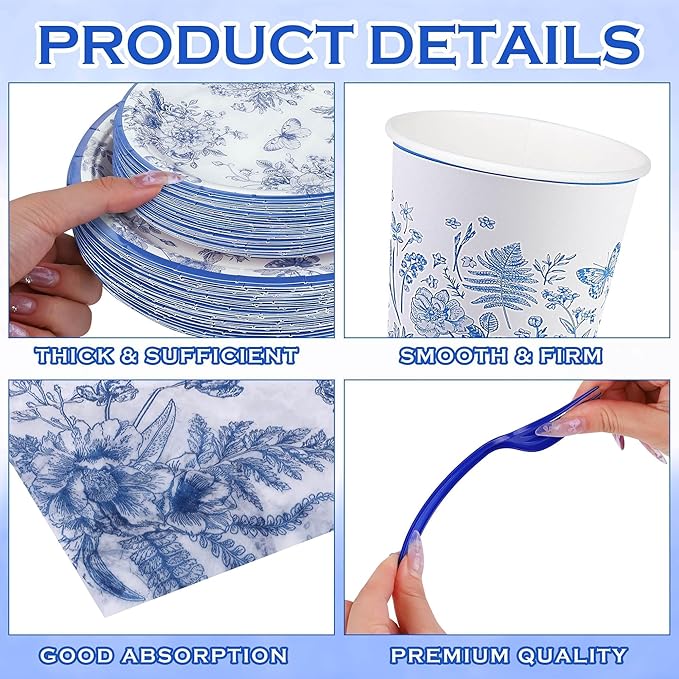 Kochorie 400 Pieces Blue and White Flower Disposable Party Tableware Sets Including Plates Cups Napkins Cutlery Serves 50 for Wedding Birthday Baby Shower Party Decorations