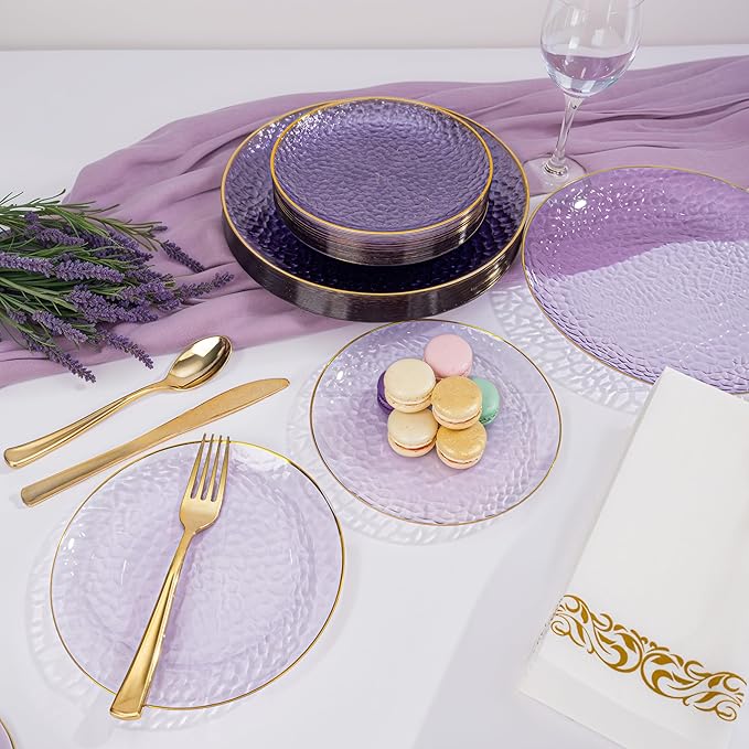 DaYammi 100 Pcs Purple Gold Plastic Plates - 10 inch Clear Purple Gold Dinner Plates - Hammer Pattern Design - Fancy Disposable Plate - Heavy Duty Party Plate Ideal for Wedding