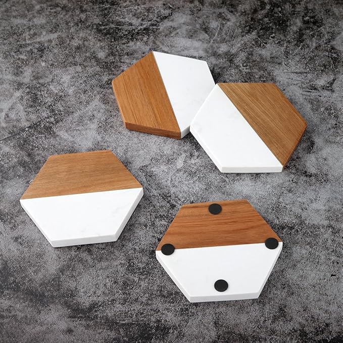 Wood Marble Coasters for Drinks, Modern Rustic Acacia Hexagon Coaster Set Decorative Bar Coaster for Living Room Coffee Wooden Table Beer Mug Christmas Housewarming Wedding Home Decor 4Pcs