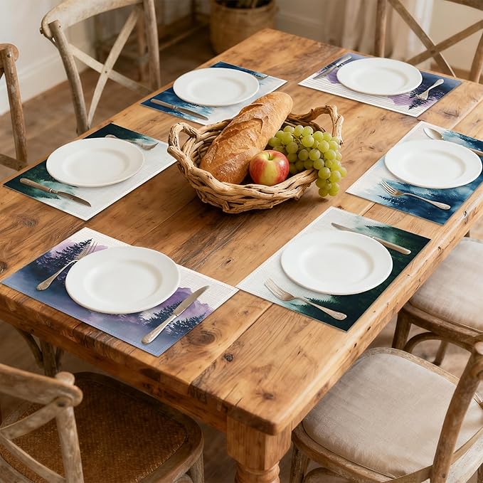 Misty Forest Placemats Set of 6, Rustic Mountain Linen Washable for Christmas, Thanksgiving, Party, and Daily Dining, Decorative Table Mats for 4-6 Person Table
