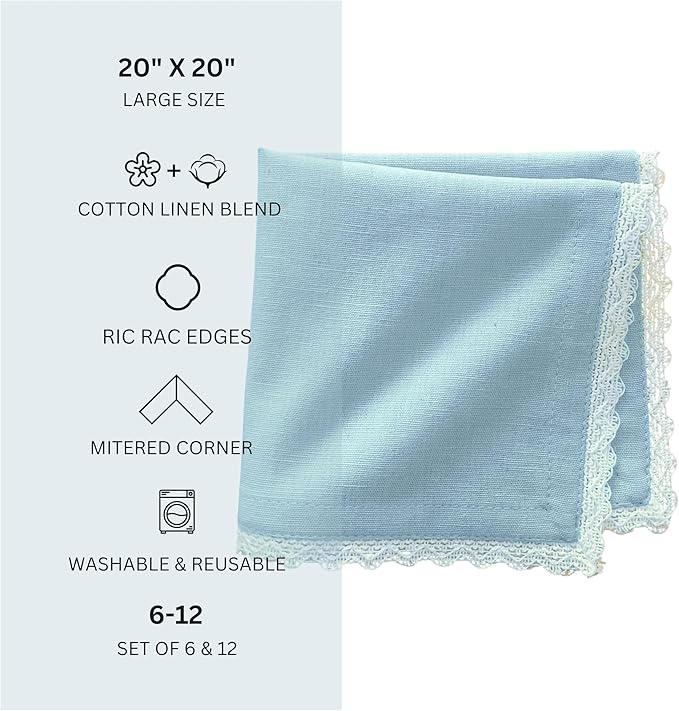 Fingercraft Dinner Cloth Napkin Cotton Linen Blend 12 Pack Mitered Corners with Elegant Lace for Everyday Use Napkins are Pre Shrunk and Good Absorbency Sky Blue, 20in x 20in (Set of 12)