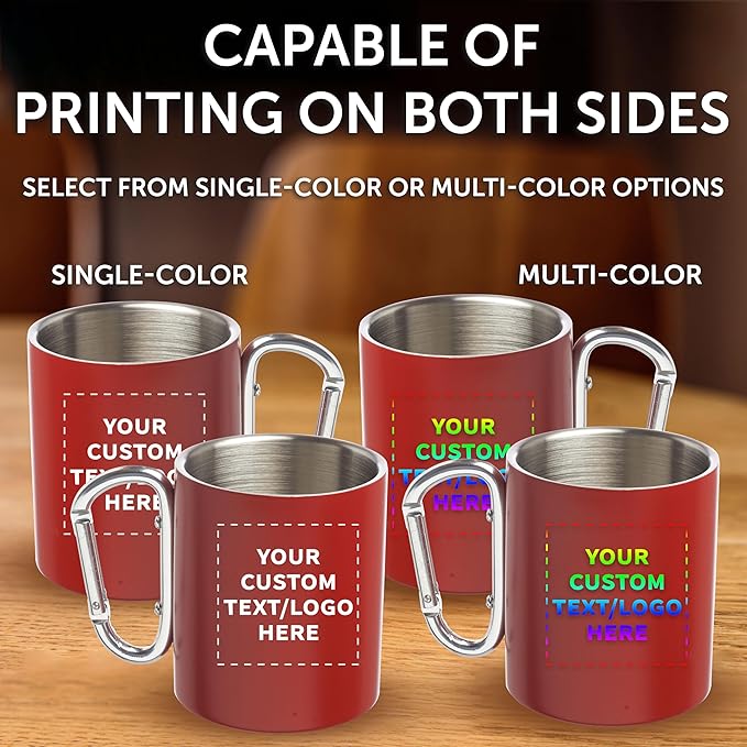 Custom Stainless Steel Mugs with Carabiner Handle 10 oz. Set of 100, Personalized Bulk Pack - Perfect for Coffee, Soda, Other Hot & Cold Beverages - Red