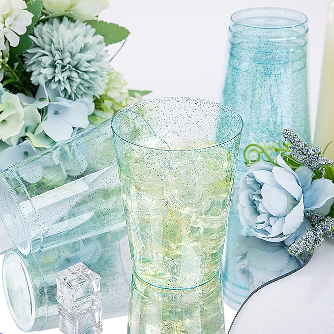 DaYammi 100 Pack 10 oz Blue Plastic Cups Disposable Cups Tumblers, Elegant Blue Glitter Party Drinking Cup Perfect for Wedding, Fancy Disposable Cups Plastic Cocktail Glasses Wine Glasses for Party
