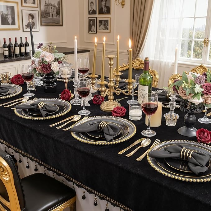 KIRE 200Pcs Black Plastic Plates - Black and Gold Plates Disposable for Party - Include 100 for Dinner and 100 for Dessert for Birthday/Wedding/New Year