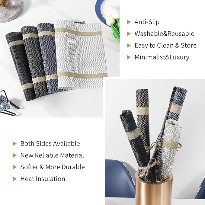 FAVE Placemats Set of 4 Blue Placemats Woven with Golden Thread Durable Wipeable Vinyl Placemats Table Mats Set of 4 for Wedding, Banquet, Birthday, Party, Restaurant Decorations(Blue, 12"x18"-4PCS)