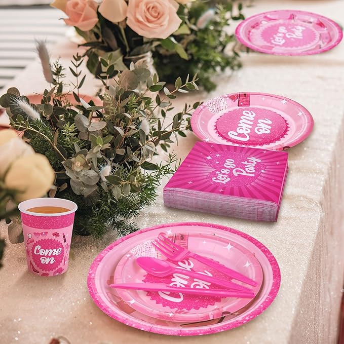 Kochorie 400 Pieces Let's Go Girls Party Tableware Sets Including Disposable Paper Plates Cups Napkins Cutlery Serves 50 for Birthday Disco Pink Cowgirl Bachelorette Party Decorations