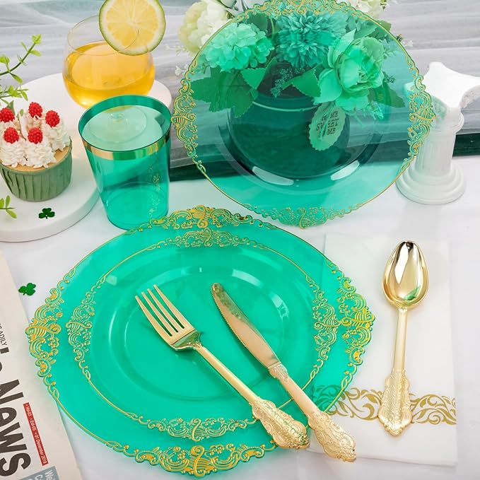 Hioasis 350pcs Green and Gold Plastic Plates - Green Party Plates for 50 Guest, Include 100 Heavy-duty Plates(20% Thicker Than Standard), 150 Cutlery Set, 50 Napkin, 50 Cups for St. Patrick's Day