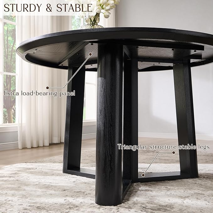OKD 47" Dining Table for 4-6, Round Dining Room Table with Triangular Structure Pedestal Stable Base, Curved Table Edge, Circle Kitchen Tables for Dining Room, Kitchen, Black Oak