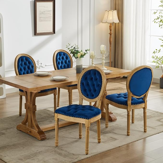 Vintage French Dining Chairs Set of 6, Round Back Velvet Upholstered Accent Chairs with Nailhead Trim and Solid Wood Frame, Elegant Sillas de Comedor for Dining Room & Kitchen, Blue