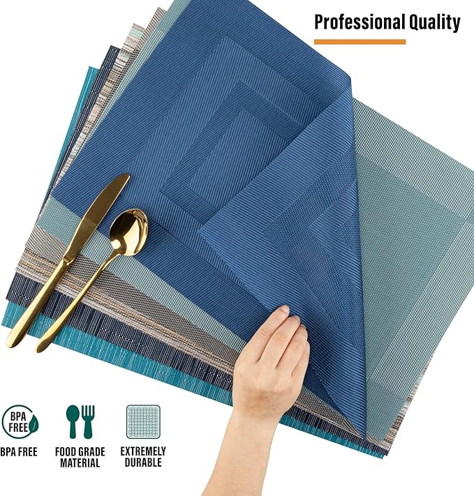 Winknowl Placemats Set of 8, Heat Resistant Non-Slip Vinyl Woven Table Mats for Dining Table, Washable Durable Elegant Place Mats for Kitchen Indoor/Outdoor Use (Teal Green)
