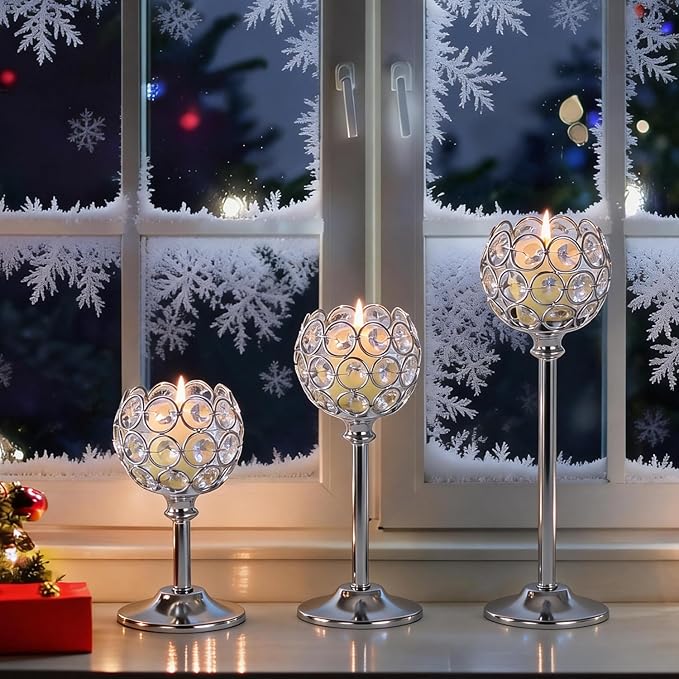 Crystal Metal Tealight Candlestick, Bling Bowl Candelabras, Tall Crystal Candle Holders Elegant Candle Centerpiece for Dining Table Wedding Home Mantel Decor(Silver, 4Sets(12 Pcs))