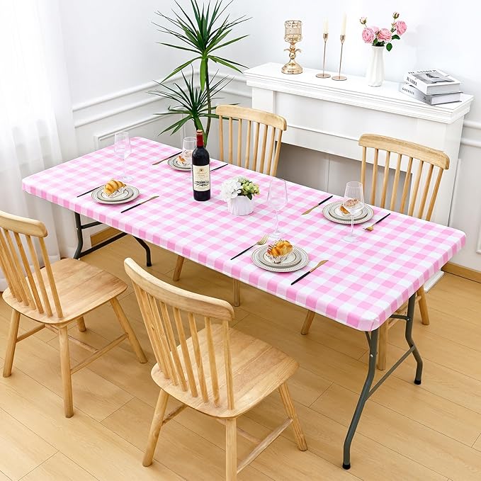 Smiry Rectangle Picnic Table Cloth, Elastic Waterproof Fitted Vinyl Tablecloths, Flannel Backed Buffalo Plaid Table Covers for Dining, Camping, Valentines (White and Pink, 30" x 60")