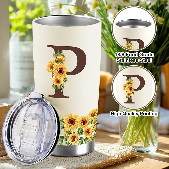 Sunflower Gifts for Women - Personalized Christmas Gifts for Women - Birthday Gift for Woman - Mothers Day Gift for Mom - Monogrammed, Initial 20oz Travel Cup Insulated Tumbler with Lid, P