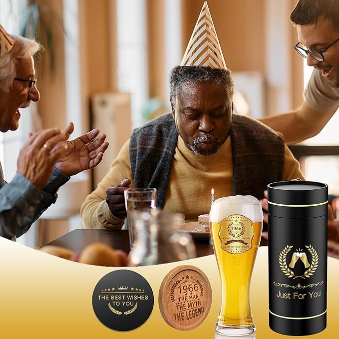 60th Birthday Beer Glasses Gifts, Personalized '1966' Vintage Glass Ware Set for Men, Black Gift Package with Drinking Glass, Coaster, and Card for 60 Years Old Man