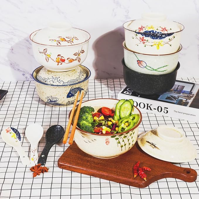 Ceramic Ramen Bowl Set, 800ml, with Lid, Spoon and Chopsticks, Japanese Vintage Large Soup Bowls Instant Noodle Bowl Asian Tableware (Color*1)