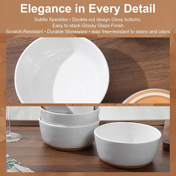 Cereal Bowls Set of 4,Ceramic Bowls for Kitchen,6 Inch Stoneware Bowls, Round Porcelain Pasta Bowl,Dishwasher&Microwave Safe,White(Brown Bottom)