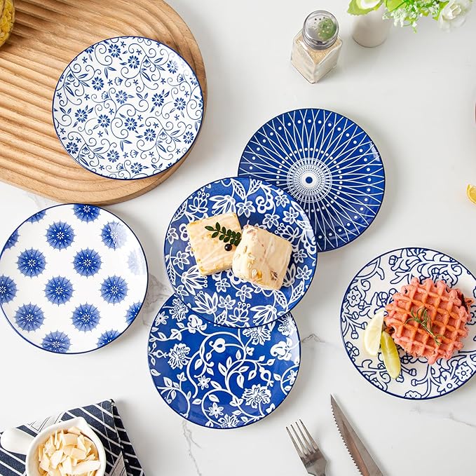 Ceramic Dessert Plates Set - 6 Inch Mini Appetizer Plates for Kitchen - Small Salad Plate for Cake Snacks Side Dish, Microwave Dishwasher Safe, Gift, Vintage Blue