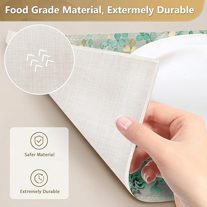 Golden Butterfly and Green Flowers Place Mats Set of 6, Table Mats,Heat Insulation Non Slip Washable Dining Placemats for Wedding Holiday Party Kitchen Decor 12X18 in