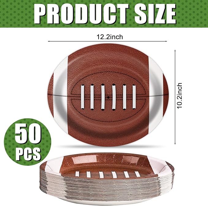 Football Oval Paper Plates 10" x 12",Large Disposable Heavy Duty Paper Plates American Sport Platters Rugby Bowls for Birthday Sports Event Gameday Carnivals Party Supplies,50 Guests