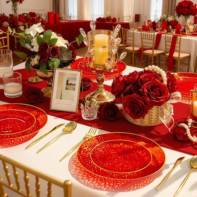 Rubtlamp 60 Pcs Red Plasitc Plates, Gold Red Disposable Plates, Fancy Party Plates, Hammered Plastic plates Include 30 Dessert Platos, 30 Dinner Platos for Party