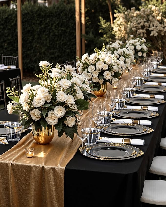 Nervure 100PCS Black Gold Plastic Plates - 7.5 inch Black Plastic Plates with Gold Rim - Disposable Dessert Plates for Wedding & Party