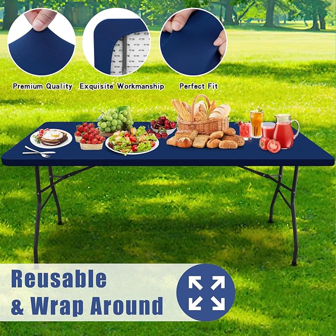 Spandex 4 Foot Rectangle Table Cloth 2 Pack, Elastic Fitted Tablecloths for Picnic, Stretch Washable Patio Table Cover for Outdoor, Camping, Banquet and Parties (Navy, 24"x48")