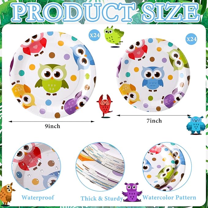 48 Pcs Cute Owls Plates Set Include 9 Inch and 7 Inch Watercolor Animal Disposable Plates Animal Party Decorative Dinner Birthday Tableware for Party Supplies