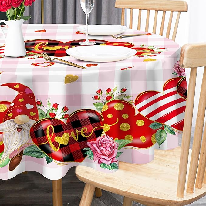 Round Valentines Day Tablecloth, Valentines Day Round Table Cloth 52 Inch with Red Heart and Roses, Valentines Tablecloth Kitchen Table Cover for Dining Room Indoor Decor