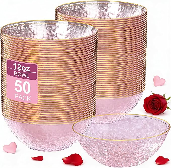 I00000 50 Pack 12 Ounce Pink Plastic Bowls Serving Bowls Hammered Clear Bowl with Gold Rimmed, Heavy Duty Disposable Bowl Set,Small Bowls for Valentine's Day Party