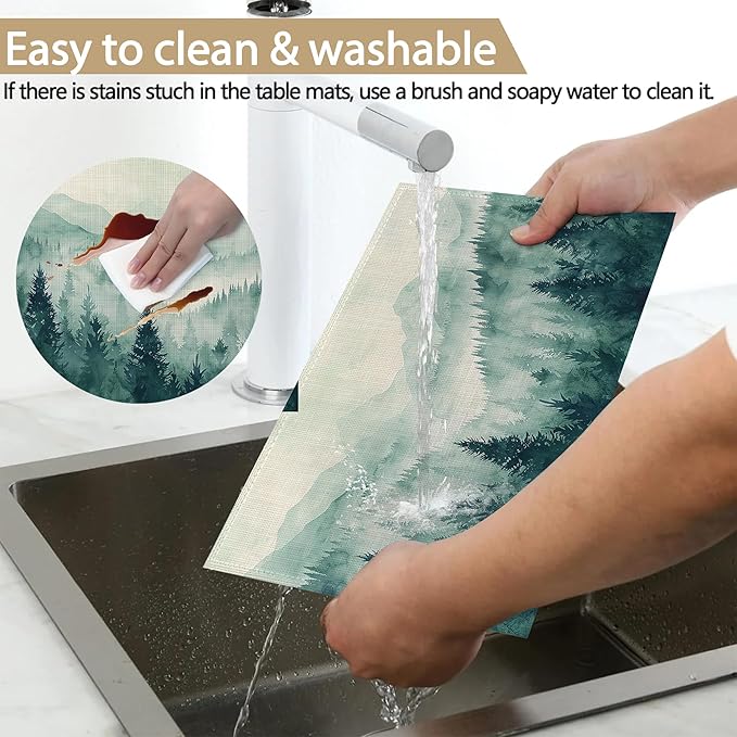 Placemats, Watercolor Forest Landscape Placemats 12x18 Inch Waterproof Non-Slip Washable Table Mats for Kitchen Dining Party Table Decor,Set of 6
