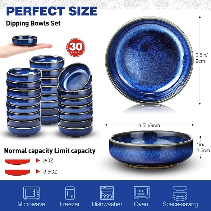 Roshtia 30 Pieces Ceramic Soy Sauce Dish 3.5 Inch Porcelain Dipping Bowls 3oz Multipurpose Small Bowl Mini Serving Dinnerware for Pinch Seasoning Appetizer Soy Sushi(Blue)