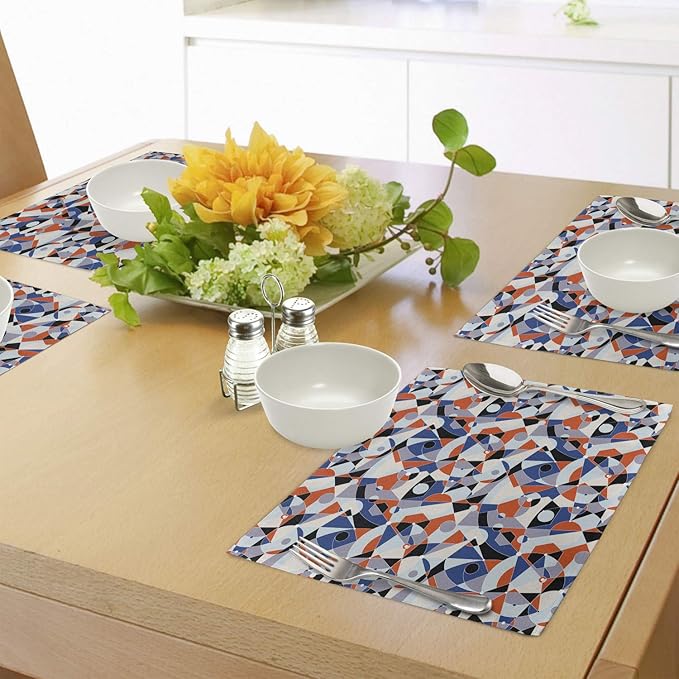 Ambesonne Mid Century Place Mats Set of 4, Mosaic of Various Shapes and Colors Modern Style Complex and Grid, Washable Fabric Placemats for Dining Table, Standard Size, Blue Orange