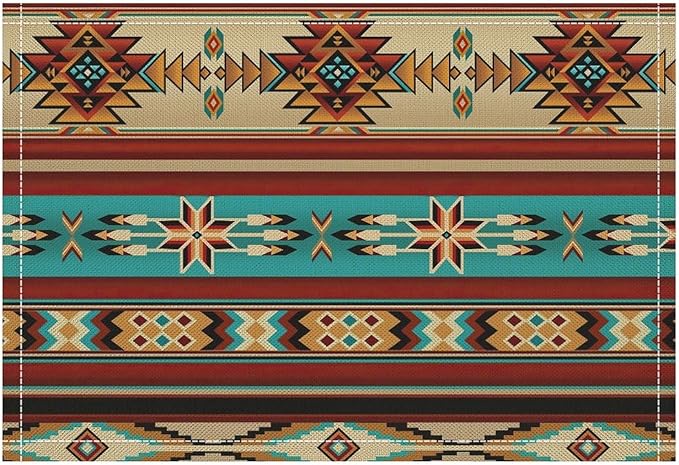 Southwestern Native Aztec Placemats Rustic Tribal Geometric Decorative Table Mat Antique Native Heat Resistant Place Mats for Dining Kitchen Party Holiday Decor 12x18Inch Set of 6