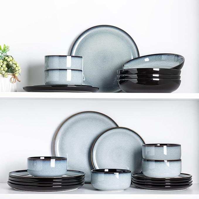 LeRatio Ceramic Dinnerware Sets for 6,Porcelain Plates and Bowls Sets,Handmade Reactive Glaze Dishes Set,Chip Resistant and Scratch Resistant | Oven&Dishwasher & Microwave Safe-Gray White(18PCS)